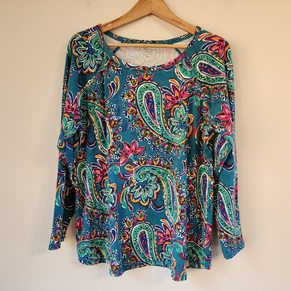 T By Talbots Women Paisley Top Blouse 1X Multicolor, Cotton Blend, Casual